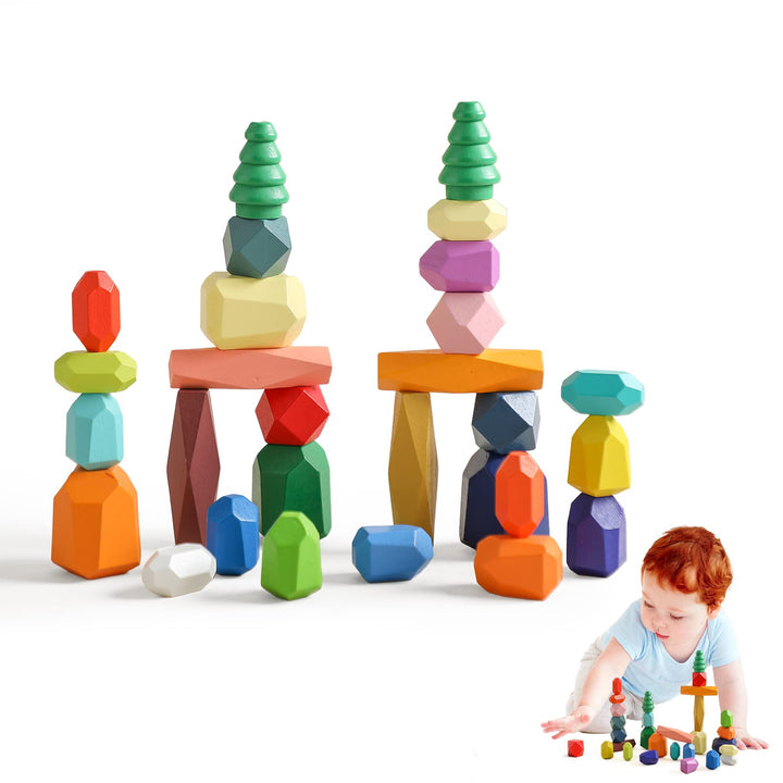 Montessori Holzspielzeug 28 PC Balanciersteine für Kinder,Stapelsteine Bausteine Balance Steine, Hol