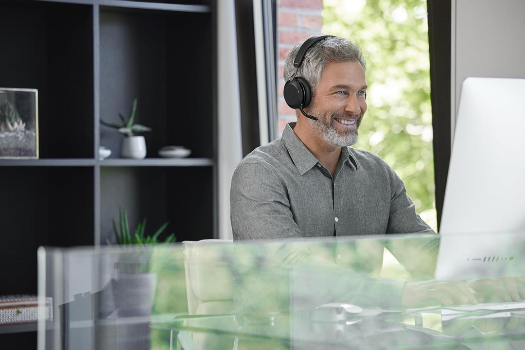 Jabra Evolve2 75 Wireless PC Headset mit Ladedock, 8-Mikro-Technologie - Dual-Foam-Stereo-Kopfhörer
