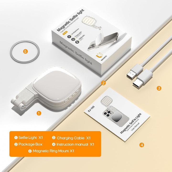 Magnetisches 3-in-1 Selfie-Licht mit Spiegel– 48 LEDs, 10 Helligkeitsstufen, 1000mAh Akku, Farbtempe