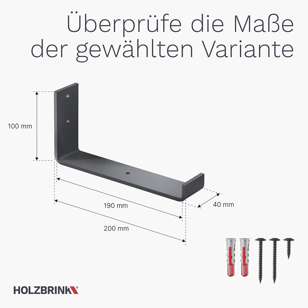 HOLZBRINK Metall Regalträger Regalhalter für Wandregal, Wandhalterung grau 200mm, 2 Stück, HLR-J-200