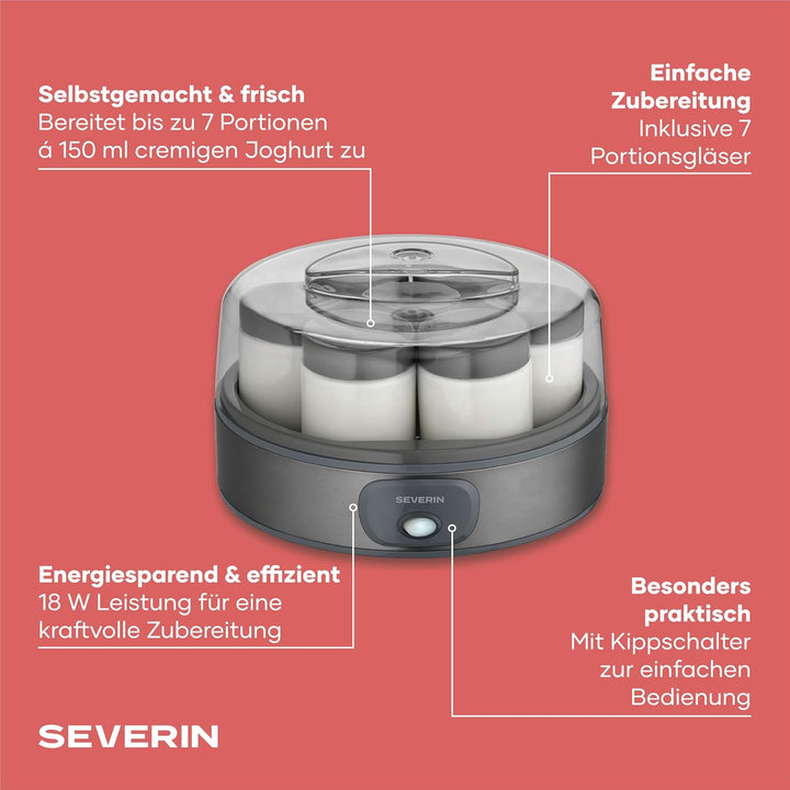 Severin Joghurtbereiter, griechischer Art, inkl. 7 Joghurtgläser á 150ml für 1L selbstgemachten Jogh