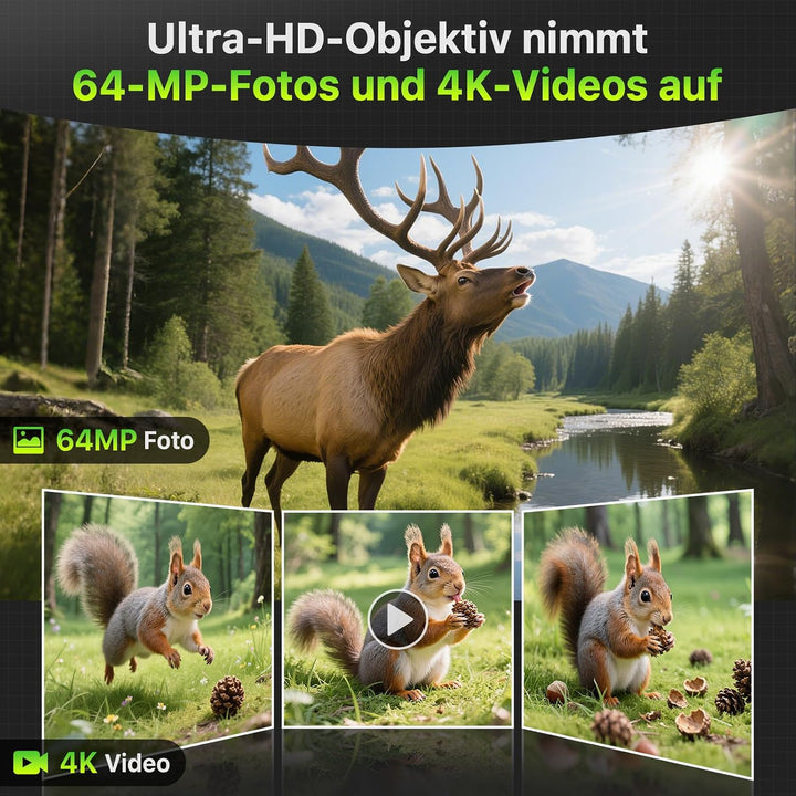 Wildkamera 4K 64MP WLAN mit Handyübertragung App – Wildtierkamera mit Nachtsicht, Bewegungsmelder, 0