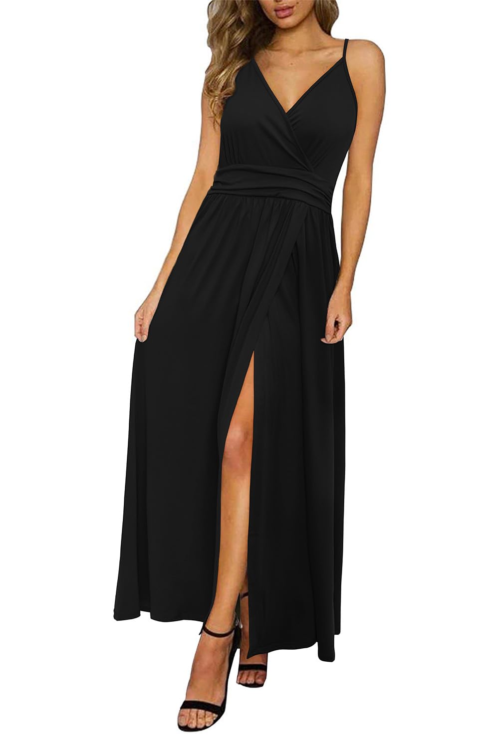 Newshows Sommerkleid Damen Lang Maxikleid Sommer V Ausschnitt Kleid Schlitz Elegant Spaghettiträger