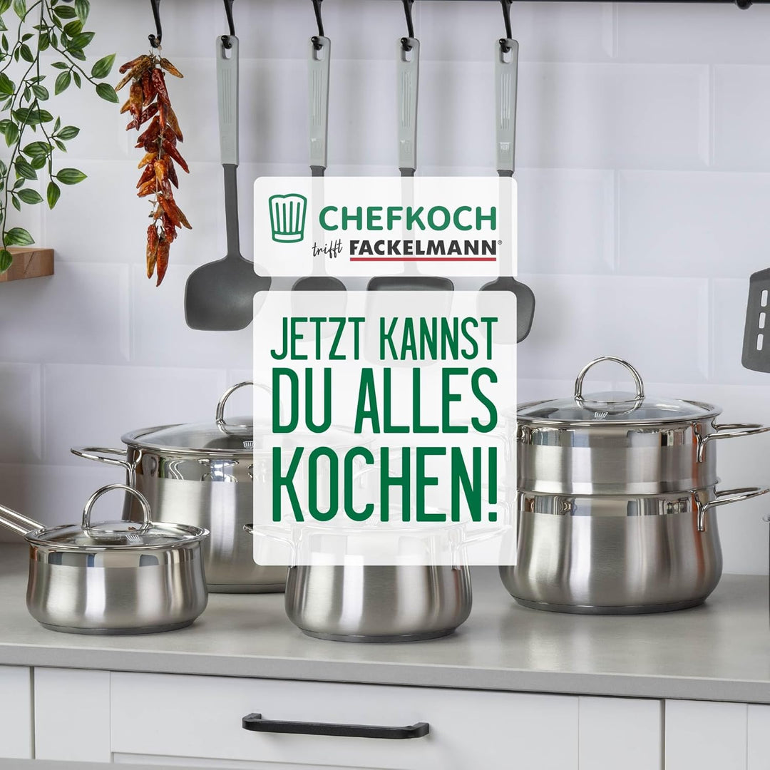 Chefkoch trifft Fackelmann Topfset 9-tlg. – Hochwertiges Edelstahl Kochgeschirr mit Glasdeckeln, Ind