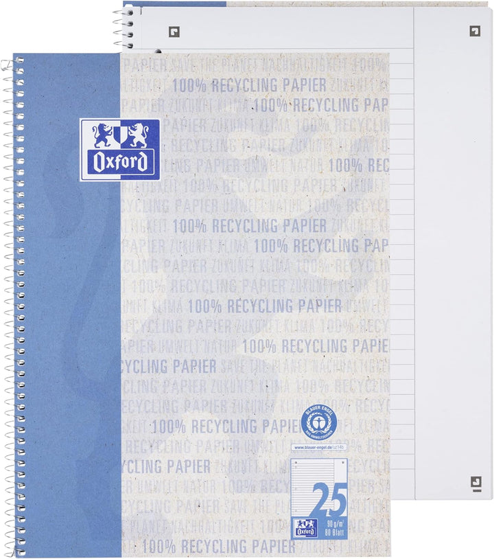 Oxford Recycling Collegeblock A4 liniert mit weissem Rand, 80 Blatt, 10 Stück, A4 liniert mit weisse