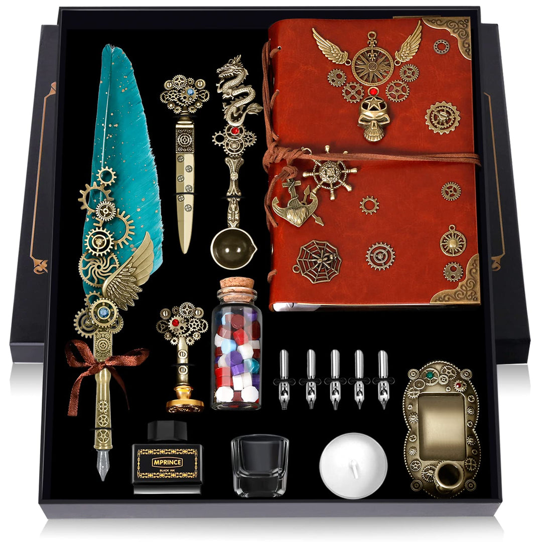 MPRINCE Schreibfeder Tinte Set Leder Notizbuch mit Quill Stift, Notizbuch, 5 austauschbare Schreibfe