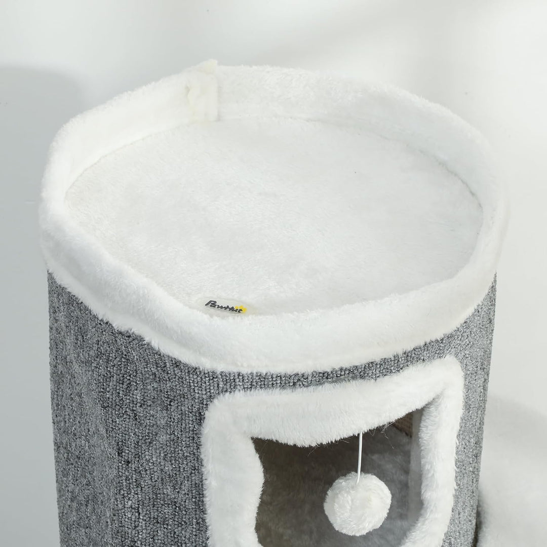 PawHut Kratztonne, 101 cm hoch Katzentonne mit Höhle, Spielball, Plüschrand, mehrstöckig Kratzbaum m