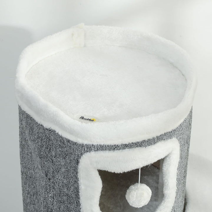 PawHut Kratztonne, 101 cm hoch Katzentonne mit Höhle, Spielball, Plüschrand, mehrstöckig Kratzbaum m