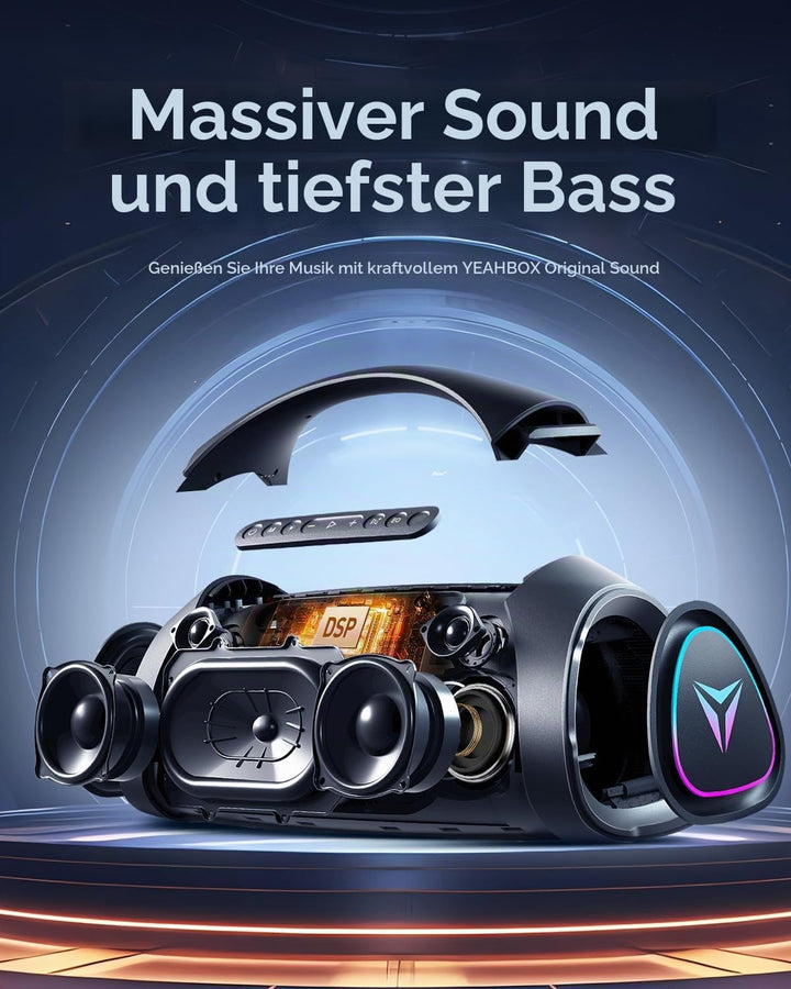 YEAHBOX Sonic Boom Max 300W Bluetooth Lautsprecher mit Massivem Bass, IPX67 Wasserdichter Tragbarer