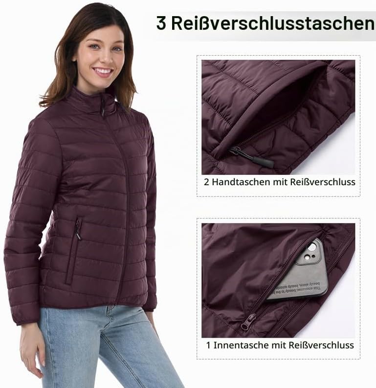 Outdoor Ventures Damen Steppjacke Leichte Warme Packbare Übergangsjacke Puffer Jacke für Frauen Gefü