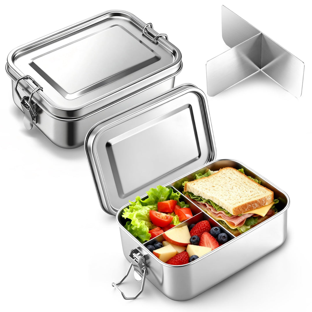 Homikit Brotdose mit Fächern 2er Set, 850ml Edelstahl Lunchbox Bento Box Erwachsene, Auslaufsicher M