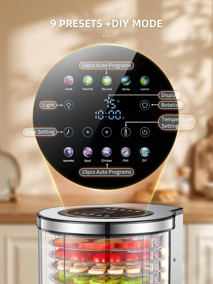 Dörrautomat 10 Etagen Edelstahl mit LCD-Display – Lebensmitteltrockner mit Rotation, 850 W, 35–75 °C