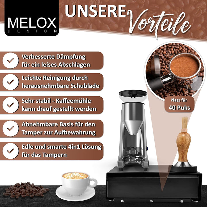 MELOX - XXL 4-in-1 Abschlagbehälter mit Sudschublade für Siebträger mit Tamper-Station & Reinigungs-