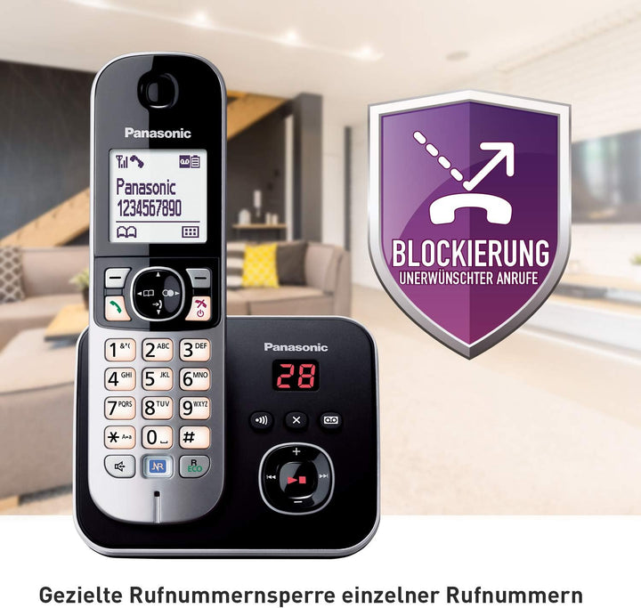 Panasonic KX-TG6822GB DECT Schnurlostelefon mit Anrufbeantworter schwarz & ANSMANN Akku AA Mignon 13