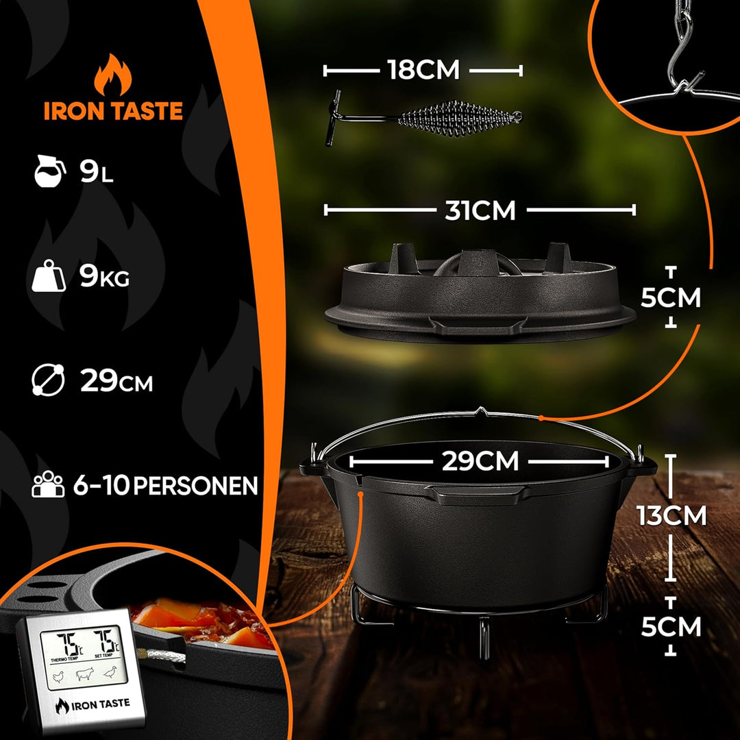 IRON TASTE Dutch Oven Set 9L - Eingebrannter Dutch Oven 9 Liter - Feuertopf Gusseiserner Topf mit pr