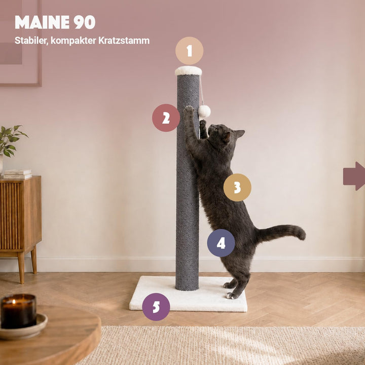 Petrebels Kratzsäule mit 90 cm Sisalstamm, Kratzstamm Maine 90, Off-White | extra stabil, platzspare