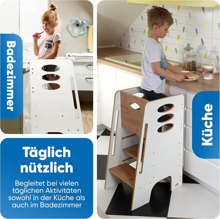 Kitchen Kids Helper Lernturm ab 1 Jahr - Höhenverstellbarer Lernturm Montessori Weiss und Eich 80cm