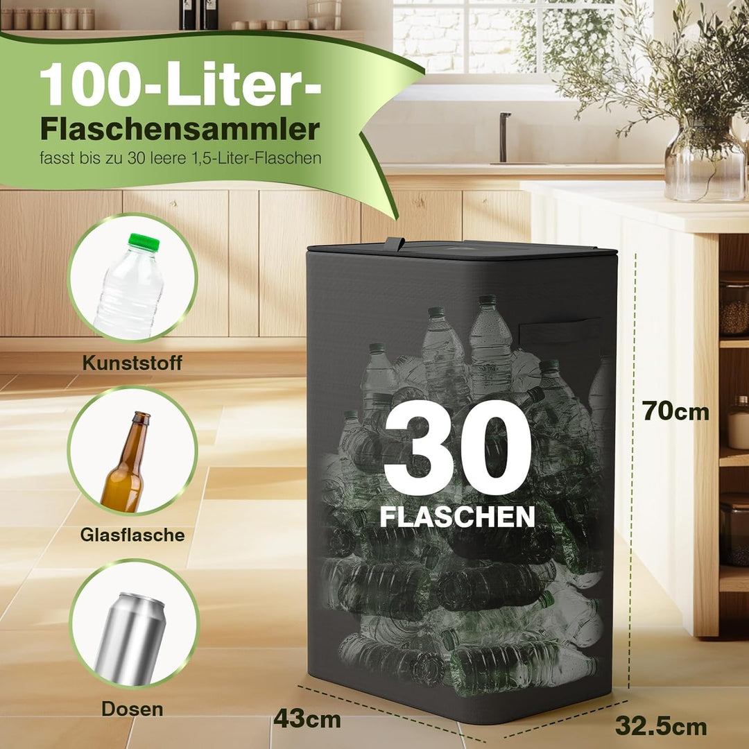 Pfandflaschen Sammelbehälter mit Deckel 100L, Gross Pfandflaschen Behälter mit 2 Tragetasche, Flasch