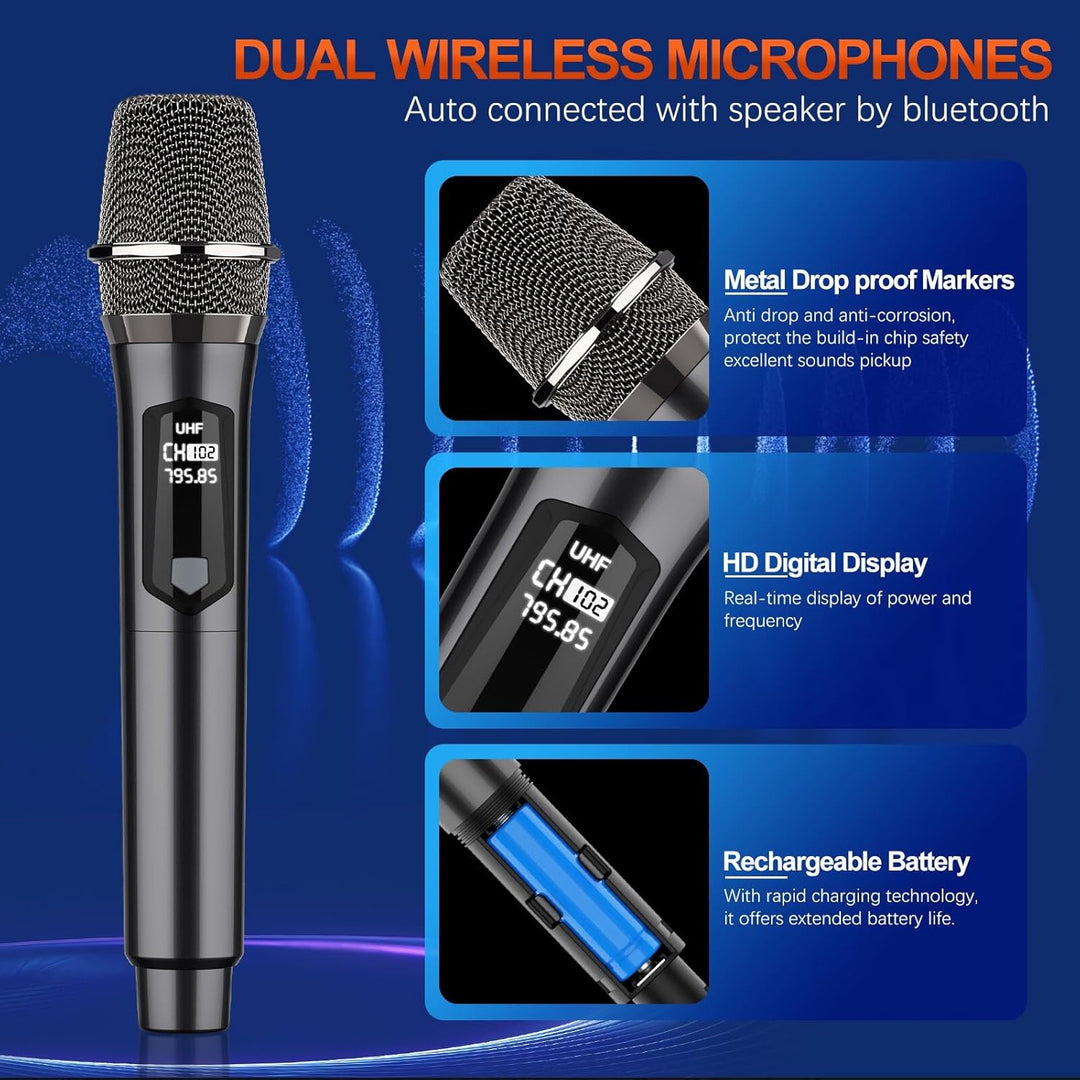 Karaoke-Maschine mit 2 Mikrofonen für Erwachsene Kinder, Bluetooth-Caraoke-Lautsprecher mit Bass/Höh