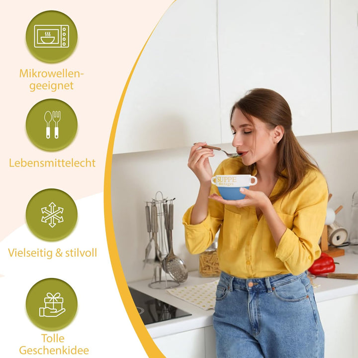 DRULINE 4 Stück Suppentasse aus Keramik mit Schriftzug Suppe des Tages Ø 13 cm Blau 4 Stück Blau, 4