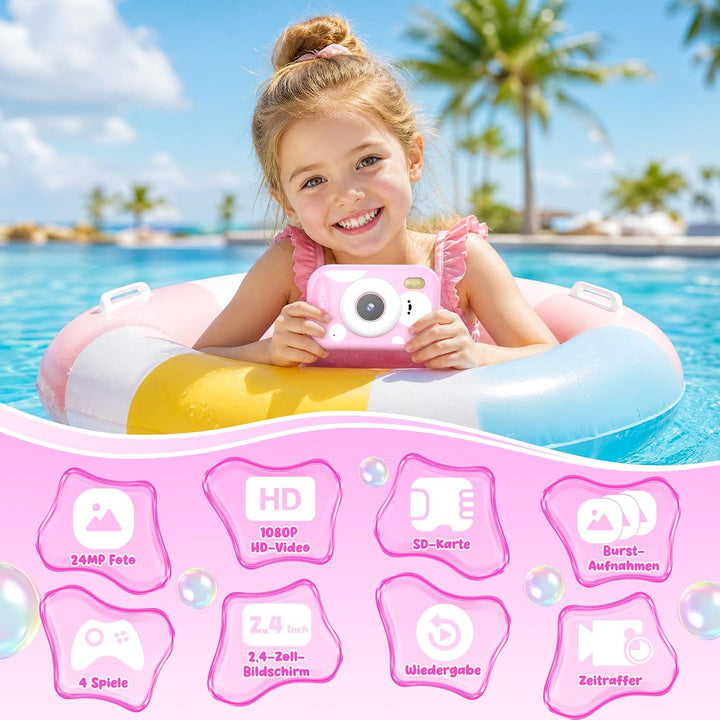 CHAKEYAKE Unterwasserkamera, IP67 10M/32.8FT Kinderkamera 1080P Digitalkamera mit 2.4" HD Bildschirm