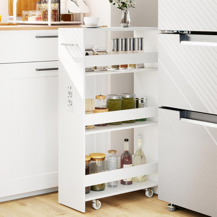 COSTWAY Nischenwagen 20cm breit, 4 Etagen Küchenwagen schmal mit Ladestation, Nischenregal auf Rolle