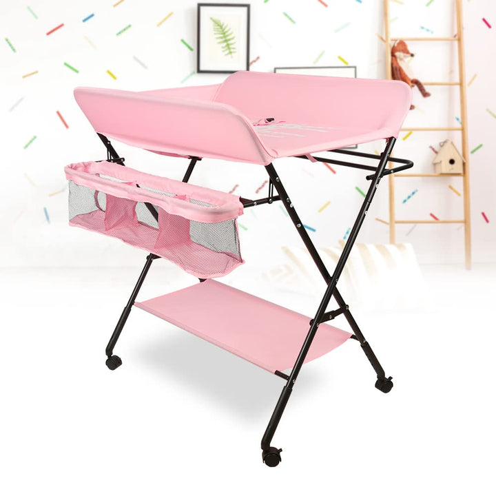OHMG Baby Wickelkombi Klappbare Wickelkommode,Wickeltisch mit Rollen,Mobiler Wickeltisch mit Wickela