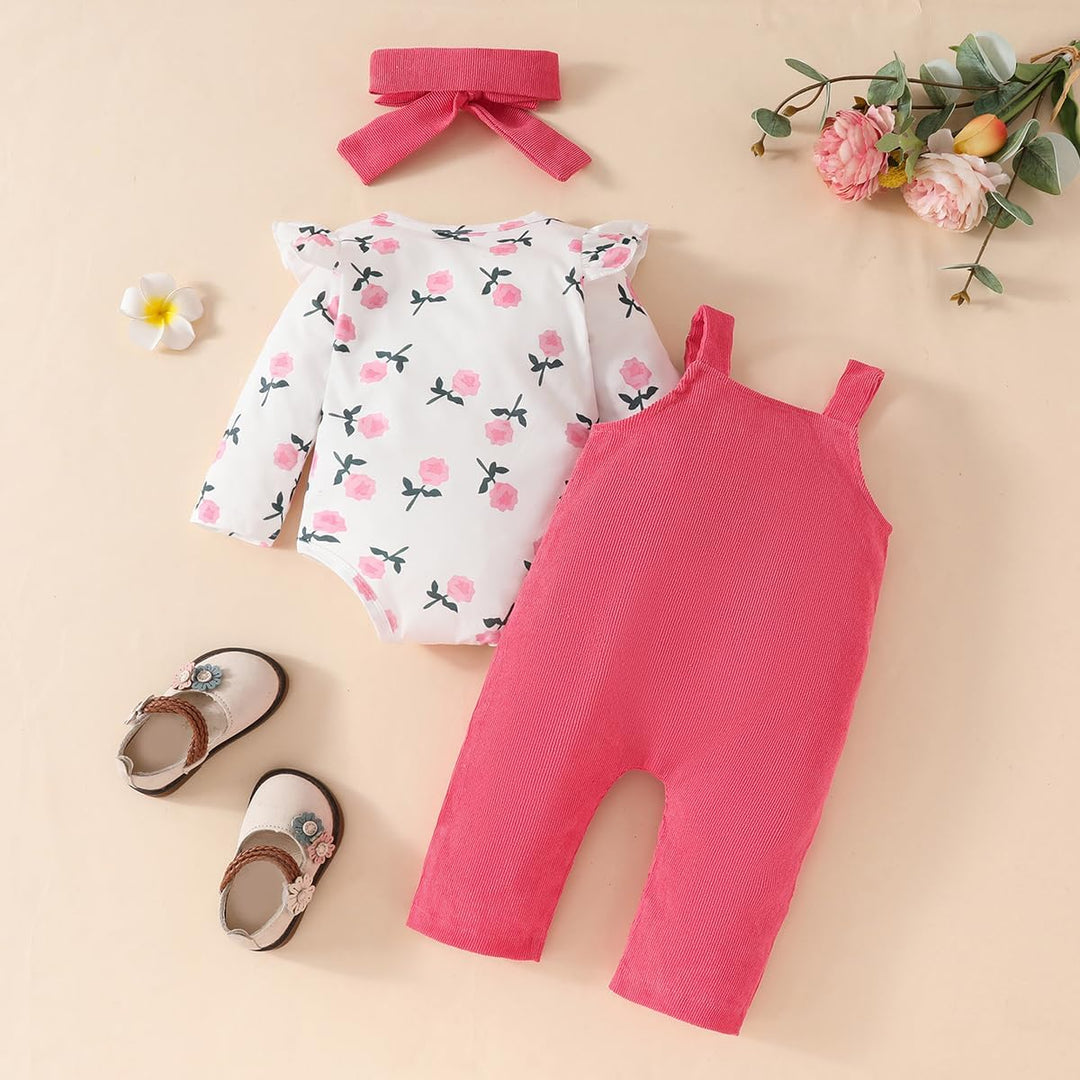 3tlg Baby Mädchen Kleidung Outfits Set Blumen Strampler Tops+ Einstellbare Overalls Pants+Stirnband