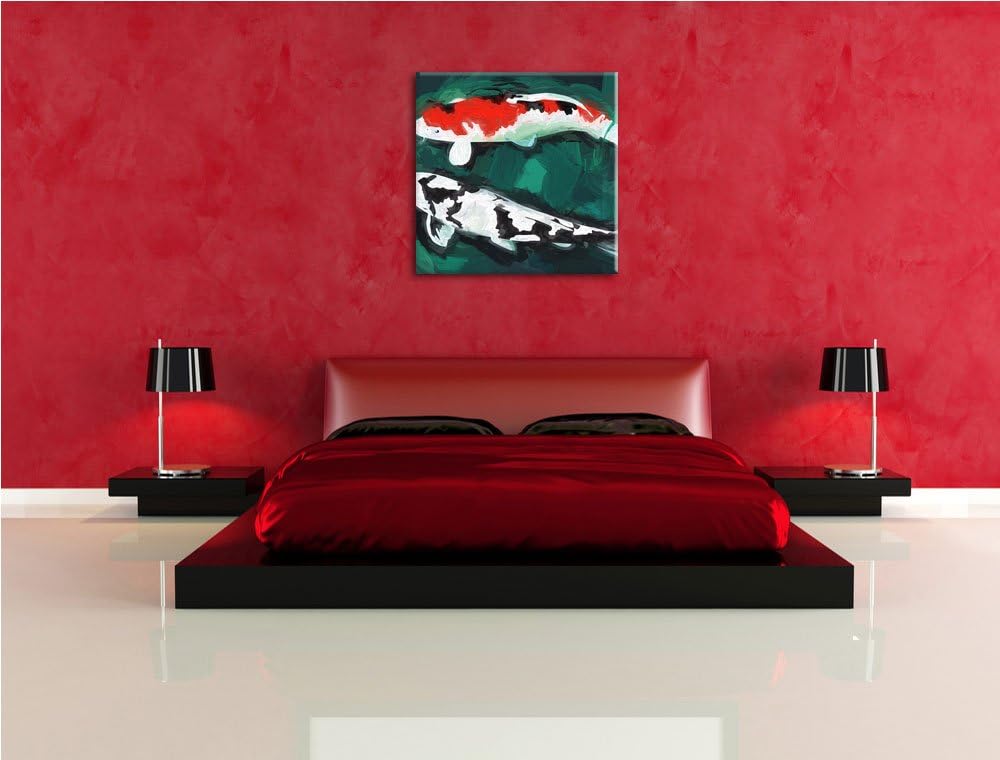gezeichnete Koi Karpfen, Format: 70x70 auf Leinwand, XXL riesige Bilder fertig gerahmt mit Keilrahme