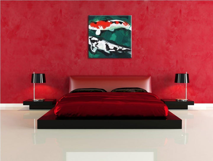 gezeichnete Koi Karpfen, Format: 70x70 auf Leinwand, XXL riesige Bilder fertig gerahmt mit Keilrahme