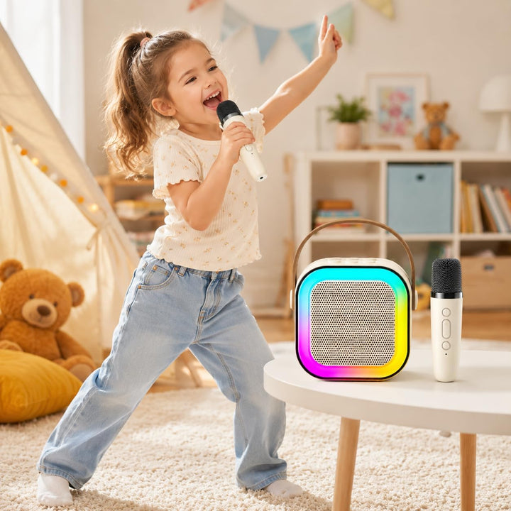 Bluetooth Karaoke Maschine mit 2 Mikrofonen & Lichtshow - 8W Tragbarer Lautsprecher, 5 Stimmeneffekt