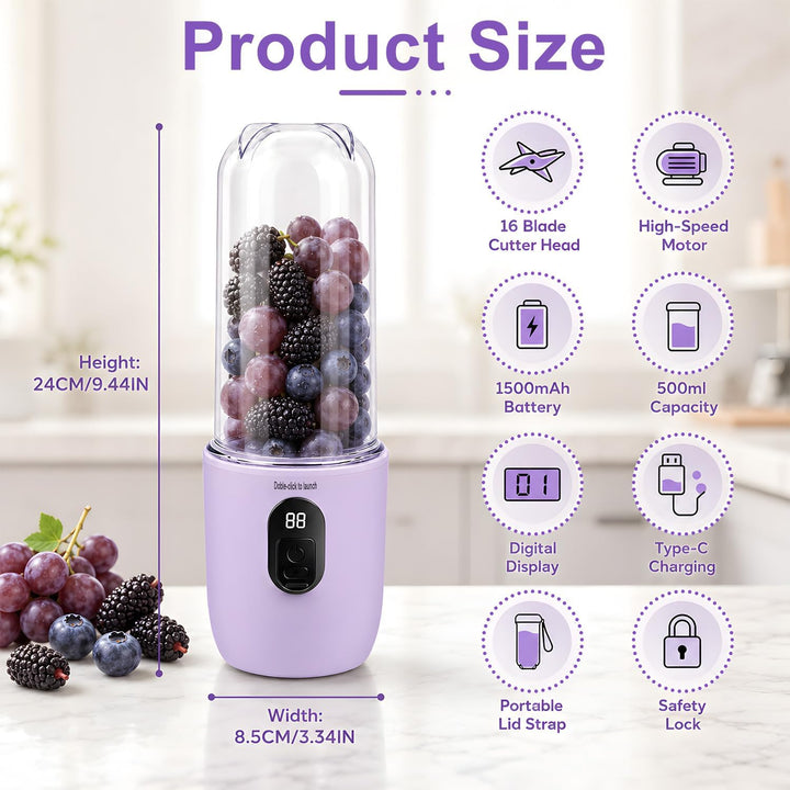 Tragbarer Mixer Smoothie Maker, 500 ml Mixer Smoothie Maker to Go mit Digitalanzeige, 16-Blatt MIXER