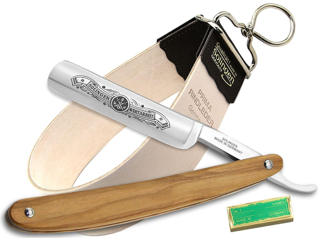 Solingen Rasiermesser-Set Solinger Bartmesser Streichriemen und Paste | Traditionelles Nassrasur Ras