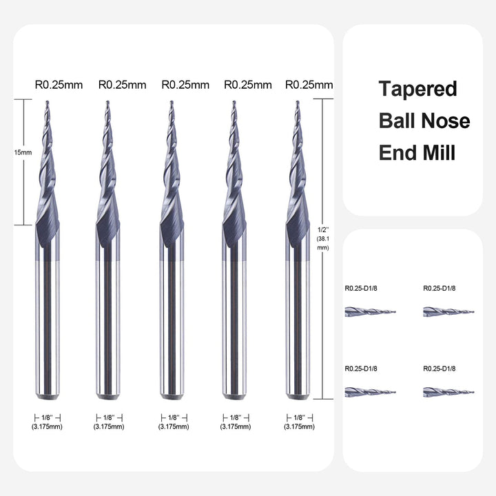 SpeTool 5 Stück Schaftfräser Eingestellt R0,25, 3,175mm (1/8") Schaft 2 Flöten Kugelkopffräser Konis