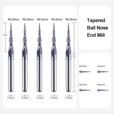 SpeTool 5 Stück Schaftfräser Eingestellt R0,25, 3,175mm (1/8") Schaft 2 Flöten Kugelkopffräser Konis