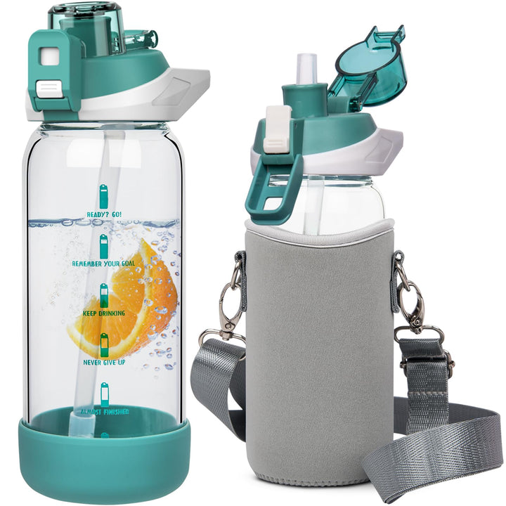 Seekua 0.6l Sport Trinkflasche Glas Flasche mit Strohhalm & Zeitmarkierung für Kinder, Schule 600ml
