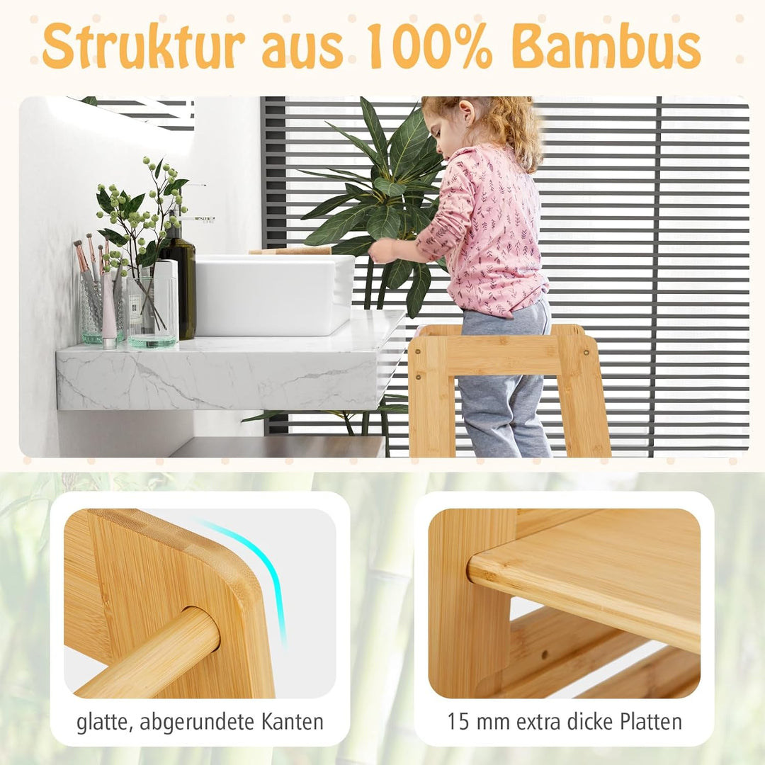 COSTWAY Lernturm Kinder aus Bambus, Tritthocker Montessori mit 4 verstellbaren Höhen & Sicherheitsge