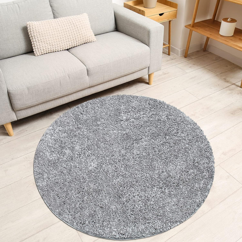 payé Teppich Rund Hochflor Shaggy - 200x200cm - Grau Einfarbig Uni Flauschig Modern Boho Wohnzimmer