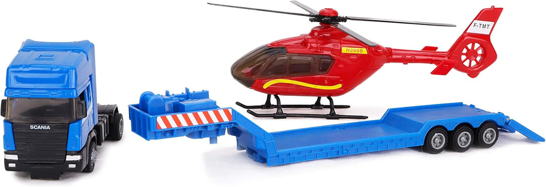 Toyland® Scania Pritschenschlepper mit Hubschrauber - Massstab 1:48 - Freilauf - Transportspielzeugs
