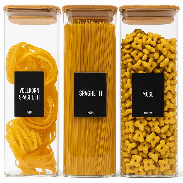 Deco haus® Spaghetti Aufbewahrung 3er Set Eckig - Vorratsgläser mit Deckel + Etiketten [LUFTDICHT] -