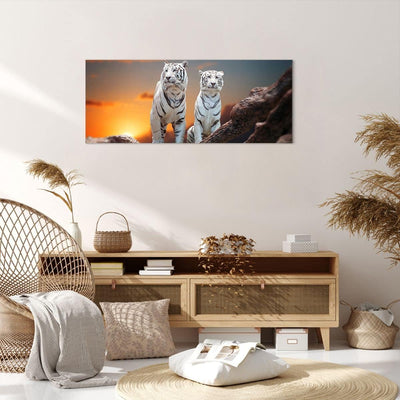 Panorama Bilder auf Leinwand 100x40cm Leinwandbild Tiger weiss Rock Sonnenuntergang Gross Wanddeko B