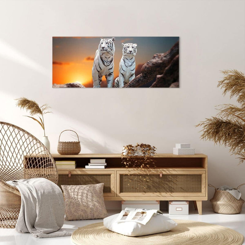 Panorama Bilder auf Leinwand 100x40cm Leinwandbild Tiger weiss Rock Sonnenuntergang Gross Wanddeko B