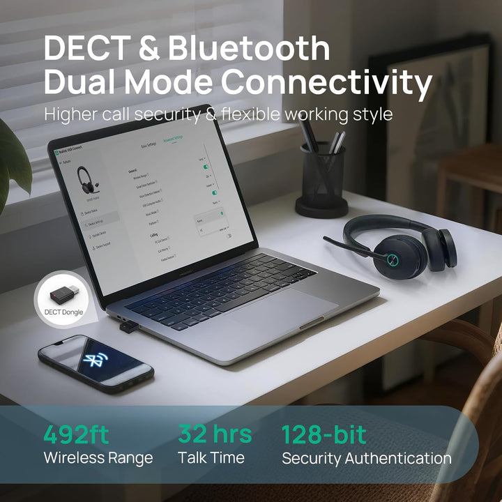 Yealink WH68 Hybrid ANC DECT & Bluetooth Kabelloses Headset mit Mikrofon, Büro-Headset mit DECT-Dong