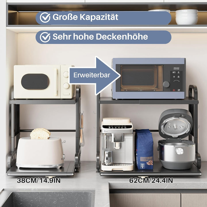 Ornestia Ausziehbares Mikrowellenregal mit Schublade, 2-stöckiges Mikrowellenregal mit 6 Metallhaken