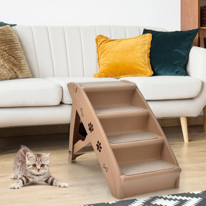 COSTWAY 4-stufige Haustiertreppe mit Teppichboden, Hundetreppe Kunststoff Katzentreppe faltbar, Hund