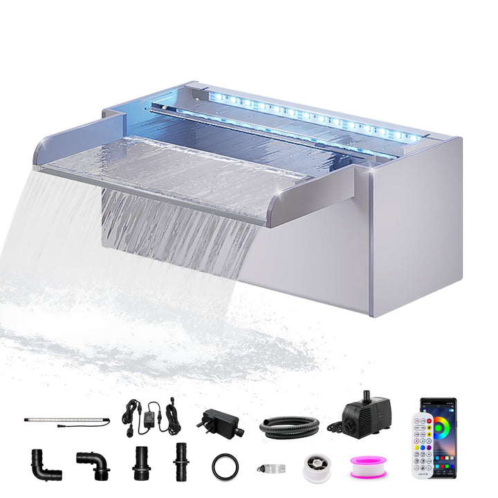 LONGRUN 30cm Teich-Wasserfall,Acryl Pool-Wasserfall mit Wasserpumpe,7 Farben Bluetooth LED Garten Br