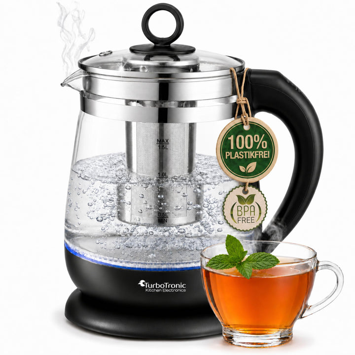 TurboTronic Glas Wasserkocher 100% plastikfrei, 1,5 Liter mit Edelstahl Kalkfilter, LED Beleuchtung