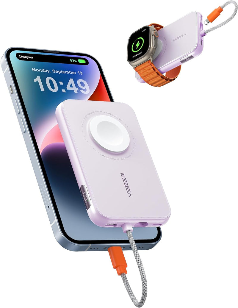 VEGER Mini Power Bank 20W PD, 5000mAh Powerbank mit Eingebautem Apple Kabel, mit Apple Watch Laden,