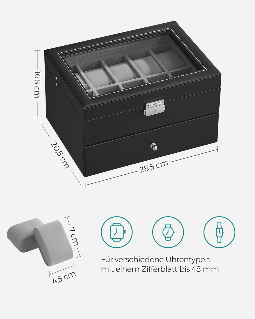 SONGMICS Uhrenbox, Uhrenkasten mit Glasdeckel, 2 Ebenen, Uhrenkoffer mit herausnehmbaren Uhrenkissen