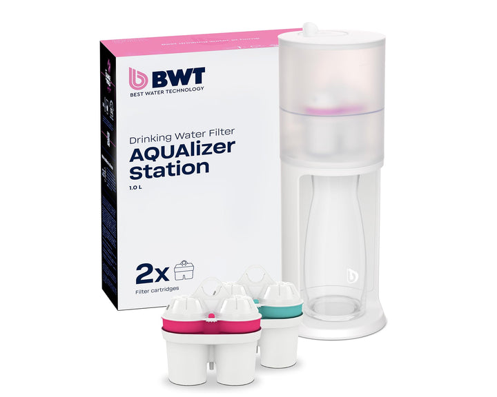 BWT Tischwasserfilter AQUAlizer Station | Vorteilspack mit 2 Filterkartuschen und zusätzlicher Glask